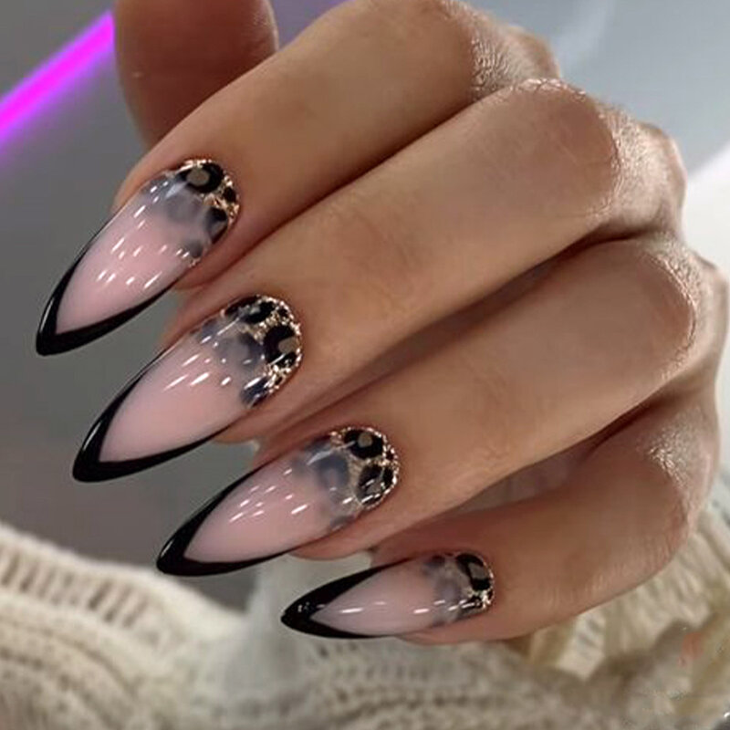 24pcs French Black Fake nails Leopard print Almond Press on Nails Wearable Full Cover False Nails Fashion Women Lady Fake Nails