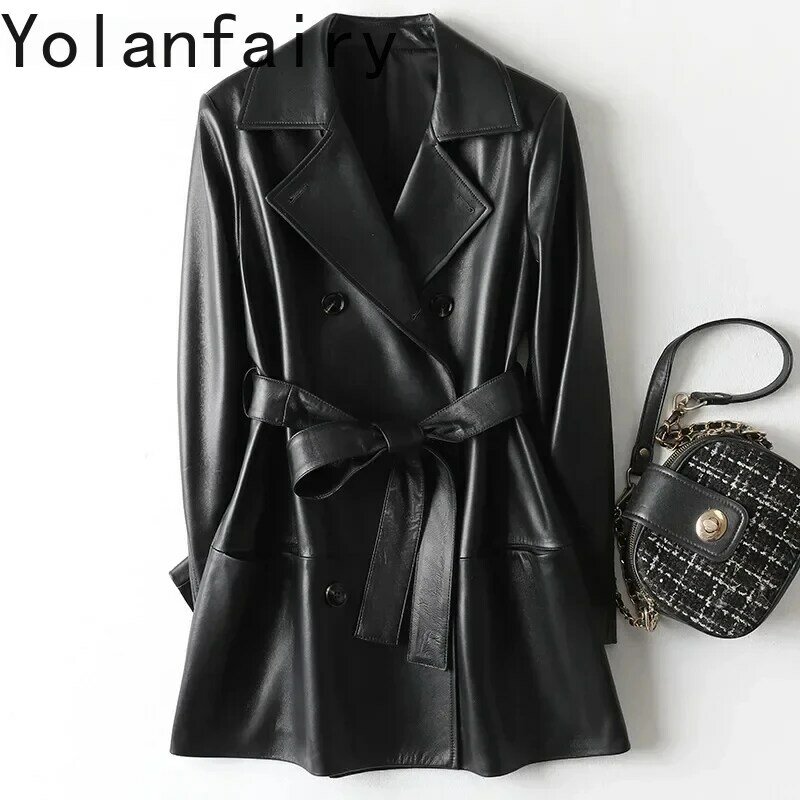Женская кожаная куртка средней длины, двубортная куртка из натуральной овечьей кожи, элегантная верхняя одежда в Корейском стиле, 100%