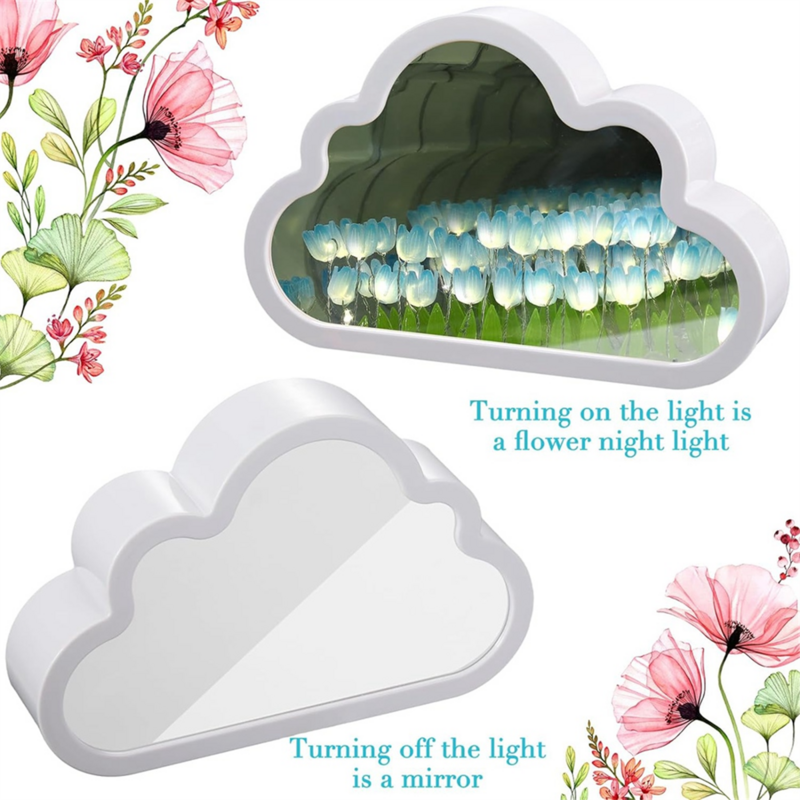2Sets Cloud Mirror Tulip Lamp Handmade DIY Tulip Night Light Simulation Flower Lights Room Decorations Blue