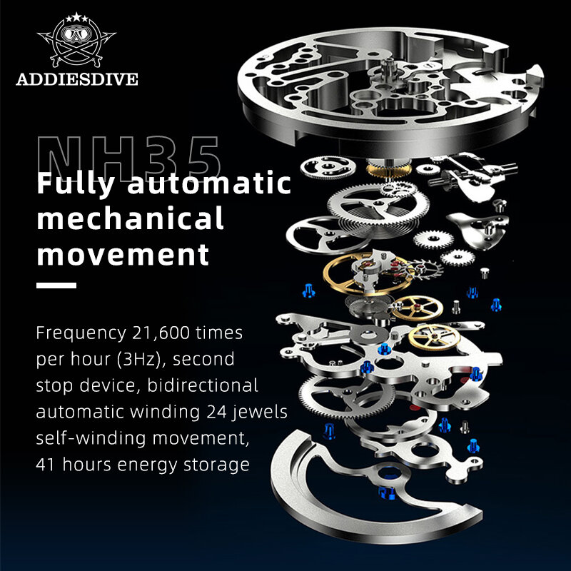 ADDIESDIVE-Relógio mergulhador automático para homens, relógio de pulso mecânico, calendário, super luminoso, safira, auto-liquidação, relógios de luxo, NH35