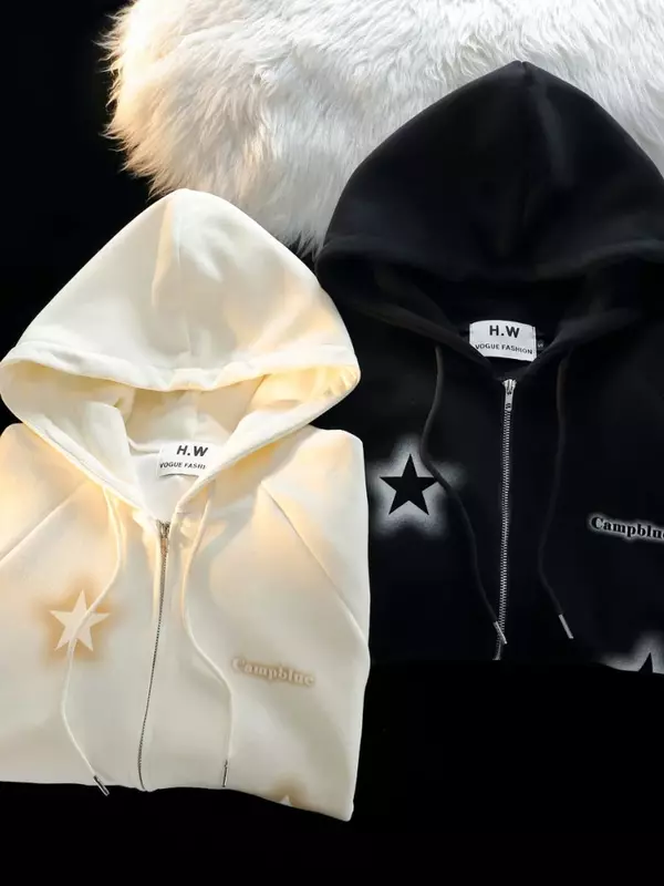 Deeptown Vintage Star Print Hoodies Women Harajuku Kpop Oversized Sweatshirts Y2K Aesthetic Zipper Tops Jacket Korean Streetwear