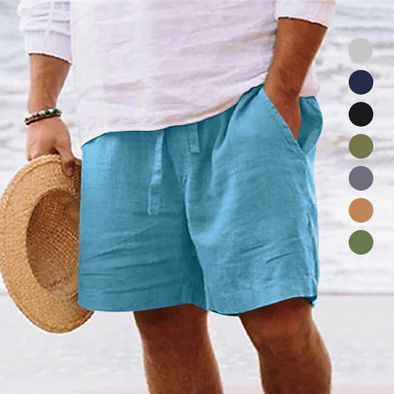 Men's summer cotton and linen shorts with drawstring elastic waist, straight legs, solid color, breathable daily beach capris