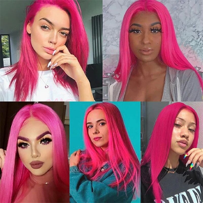 32 Inch Hot Pink Colored Lace Front Wig Straight Peruvian Human Hair 13*4 Glueless Lace Frontal Wigs for Women with Baby Hair