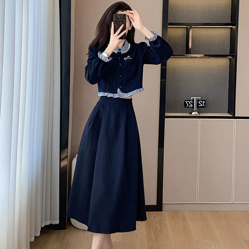 2023 jesienna moda dwuczęściowa koreańska damska falbanki w stylu Vintage z dzianiny splatanie koszula Top + elegancka linia spódnice Midi