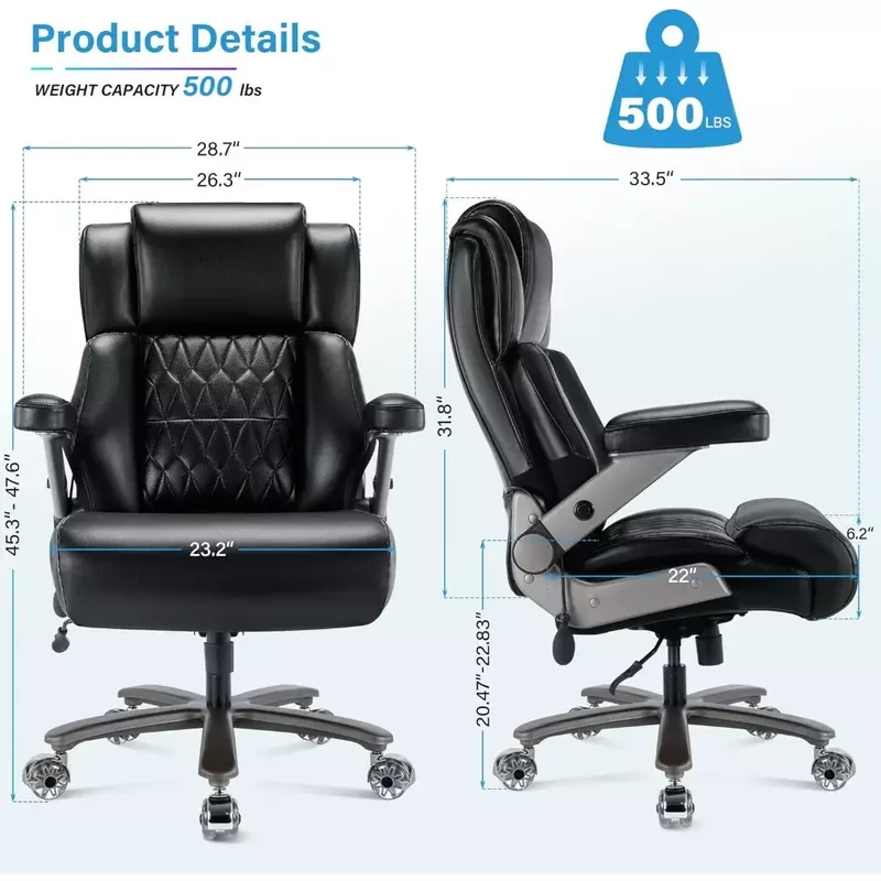 Office Chair - Adjustable Waist Support 3D Flip Arm Heavy Metal Base and Wheels, Thick Padded Ergonomic Design