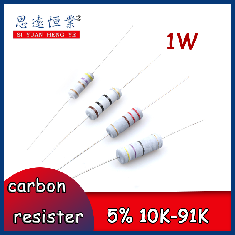 20 sztuk 1W carbon film in-line kolor pierścień odporność precyzja 5% odporność wartość 10K-91K 10K/11K/12K/13K/15K/16K/18K/20K/22/
