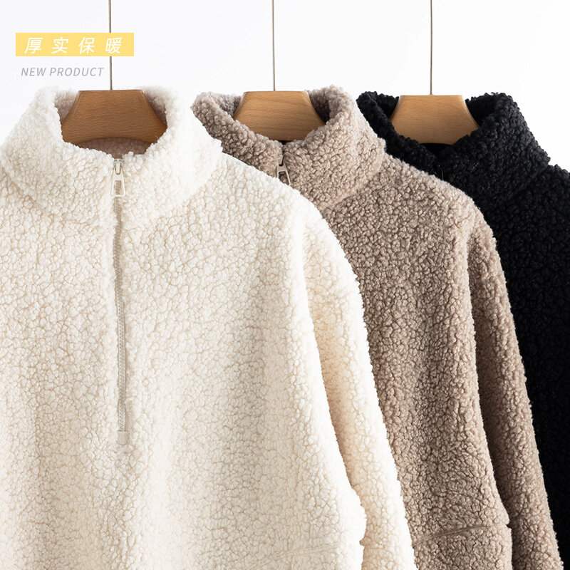 Cappotto in cotone di lana di agnello con colletto in piedi autunno inverno per cappotto invernale da donna con cerniera in peluche e caldo spesso