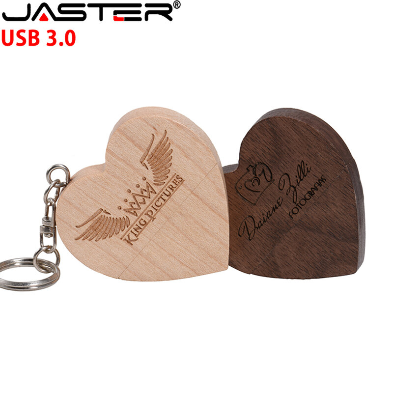 JASTER-Clé USB 3.0 en bois en forme de cœur, clé USB haute vitesse, clé USB avec logo personnalisé gratuit, 64 Go, 32 Go, 16 Go, 8 Go, 128 Go, 1PC