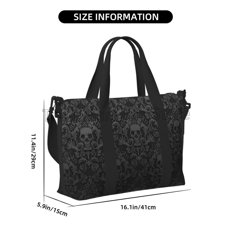 Gothic Black Skull Damask Print Hand Travel Bag Multipurpose Weekender Bags Unisex Casual Waterproof Sports Yoga Luggage Bag