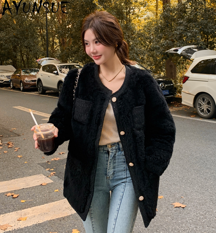AYUNSUE-Chaqueta de lana para mujer, abrigo de lana con cuello redondo, longitud media, otoño e invierno, 100%