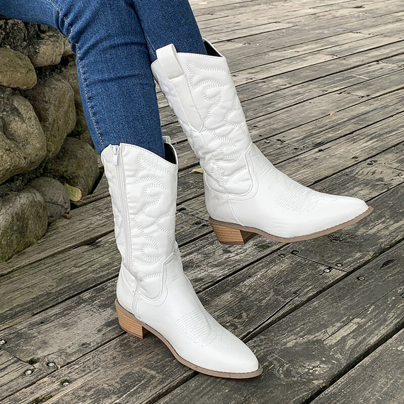 Mode Damen Cowboys tiefel Winter Damenschuhe Damen Pionted Toe Long Boots neue Chunky Heel Mid Calf Reitstiefel für Frauen