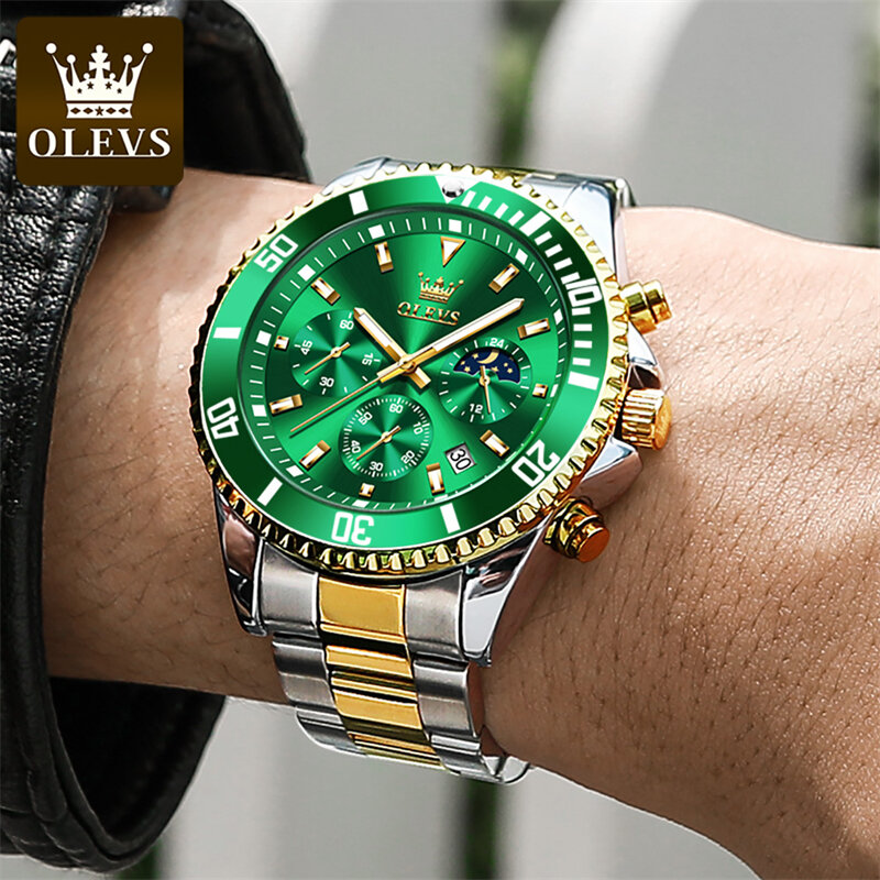 OLEVS-Relógio de Quartzo Multifuncional Masculino, Fantasma da Água Verde, Aço Inoxidável, Relógios Impermeáveis, Caixa Banhada a Ouro Luxo