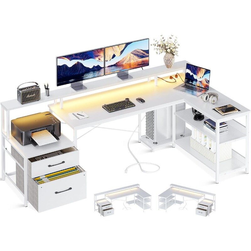 ODK 파일 서랍이 있는 L 자형 책상, 전원 콘센트 및 LED 스트립이 있는 가역 L 자형 컴퓨터 책상, 홈 오피스 책상, 75 인치
