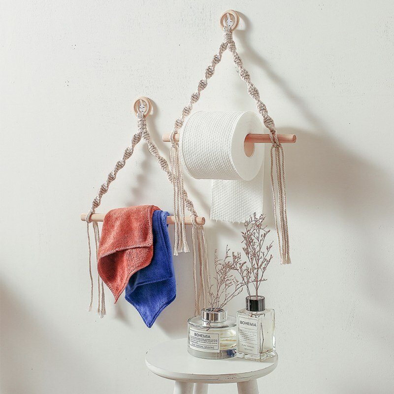 Hanging Toilet Paper Holder Towel Rack Ring Macrame Cotton Rope Storage Holder for Bathroom Decor Kitchen Bedroom Organizer