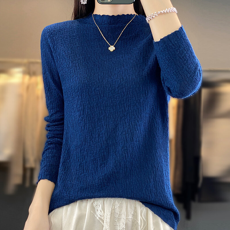 Merino Sweater lembut wol wanita, atasan dasar kasmir rajut kasual longgar musim gugur musim dingin, Pullover kerut kerah setengah tinggi 100%