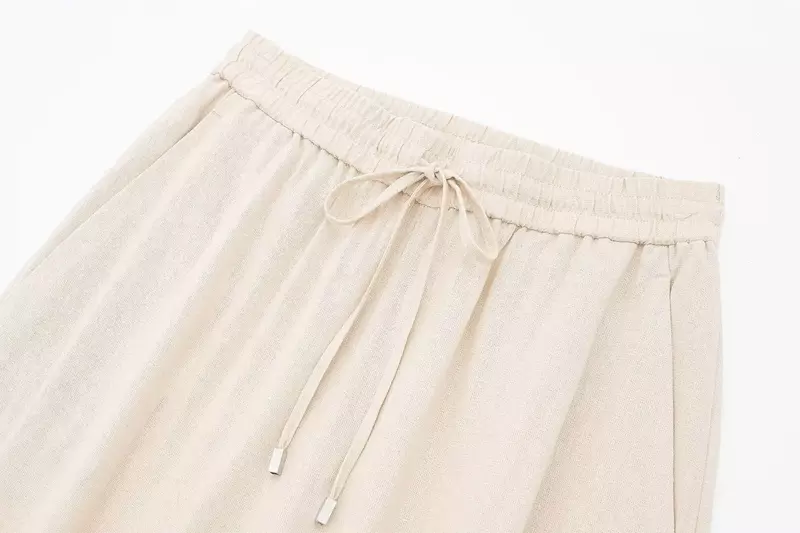 Pantalones holgados de lino para mujer, pantalón de pierna ancha con bolsillos laterales, cintura alta elástica, Estilo Vintage AB, 2024