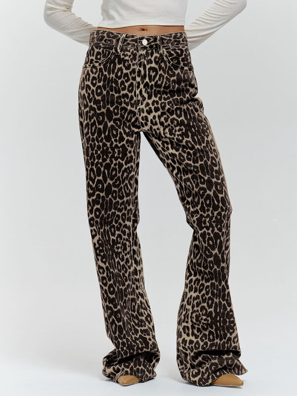 Bornladies-Pantalones Retro con estampado de leopardo para mujer, ropa de calle holgada de cintura baja, 100% algodón, informal, de pierna ancha, de longitud completa