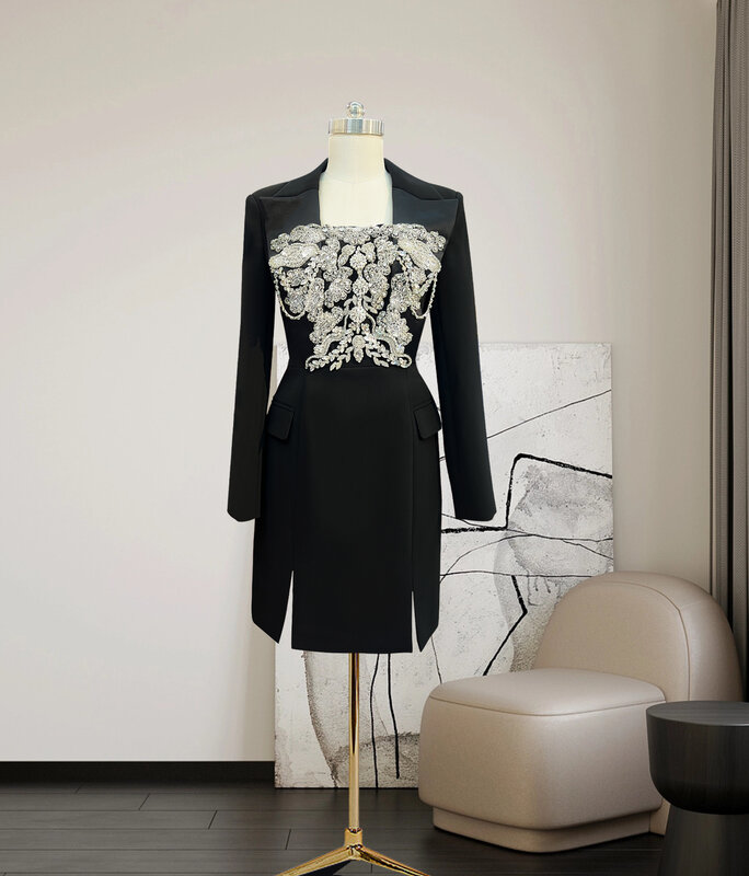 Nowy letni 3D kwadratowy dekolt czarny koralik sukienka trapezowa
