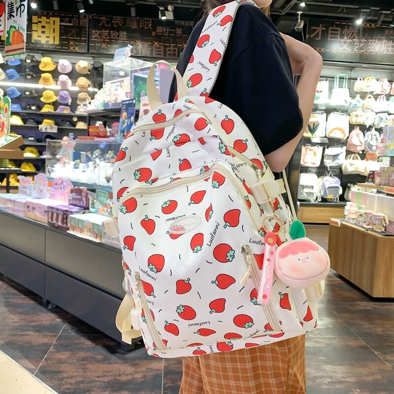 Cute Strawberry Printed Girls' Schoolbag with Wide Shoulder Strap To Reduce Load and Protect The Spine Backpack Campus