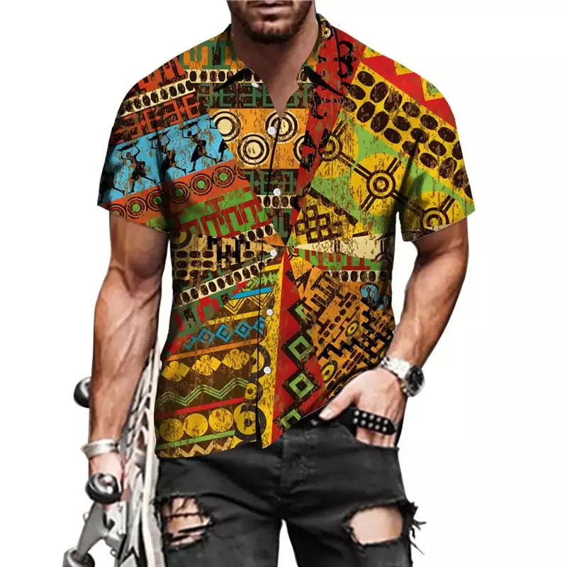 African Map Shirt Africa Men Shirts Men Women Fashion Oversized Blouse Men's Lapel Shirt Beach Camisas Men's Clothing Cuba