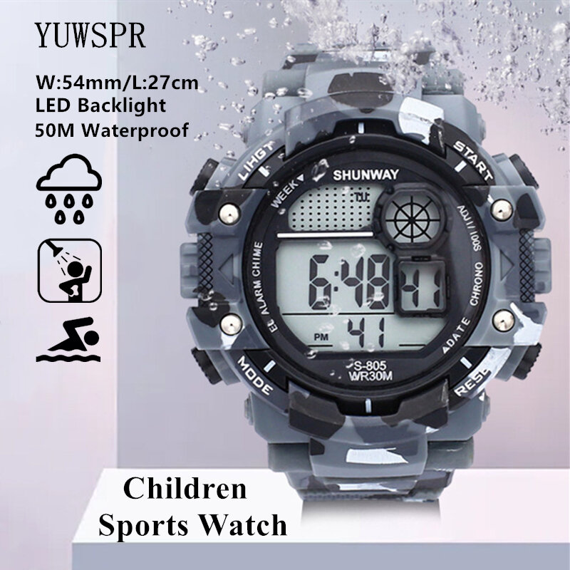 Детские спортивные электронные часы, цифровые часы для плавания с Зеленой Камуфляжной подсветкой, 50 м, подарок для мальчика, 805