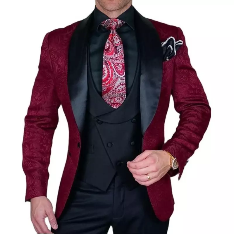 Ternos de negócios de tecido Jacquard Borgonha masculino, jaqueta smoking, colete e calça, slim fit, festa do noivo, banquete, casamento, 3 peças