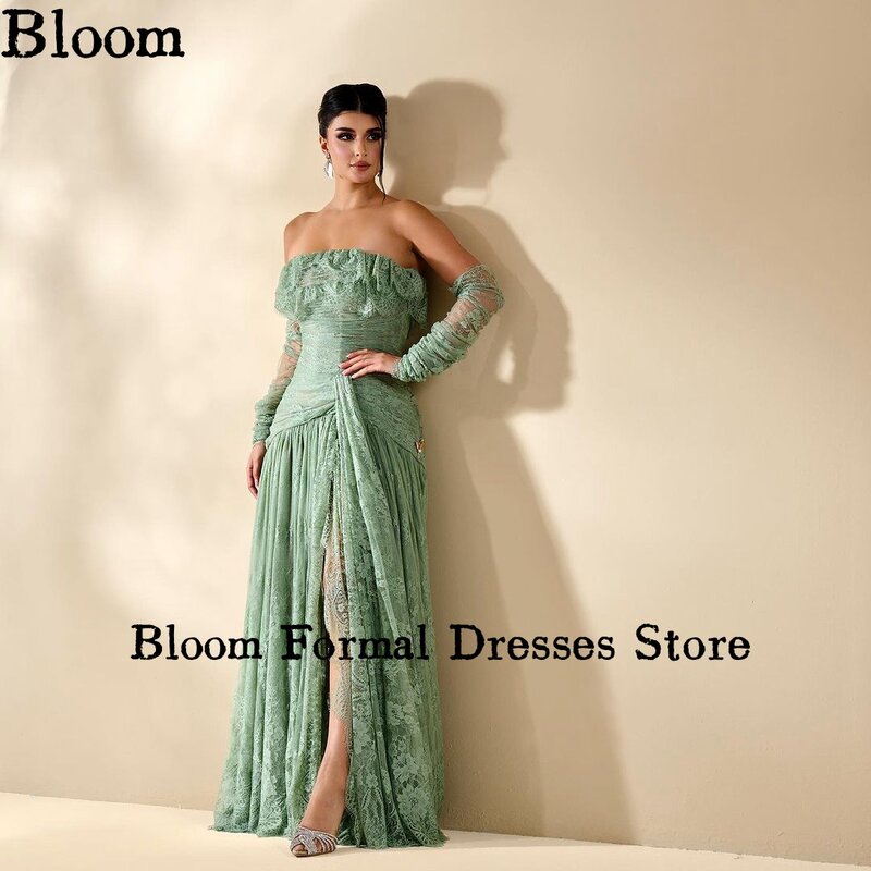 Bloom gaun malam renda elegan, gaun pesta pernikahan, gaun Prom mode Arab tanpa tali terpisah, Kerut lipit, gaun malam renda elegan