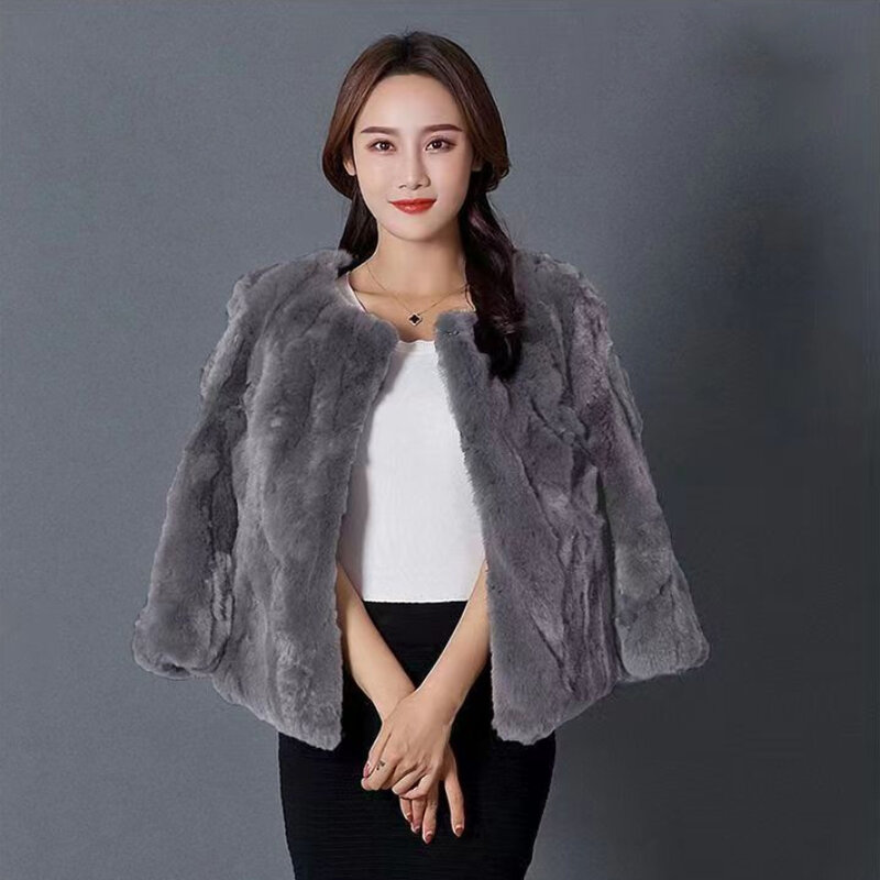 Real Rabbit Fur Coat Para As Mulheres Moda Inverno Genuine Rex Rabbit Fur Jackets Feminino Estilo Curto Quente Preto Manga Longa Sobretudo