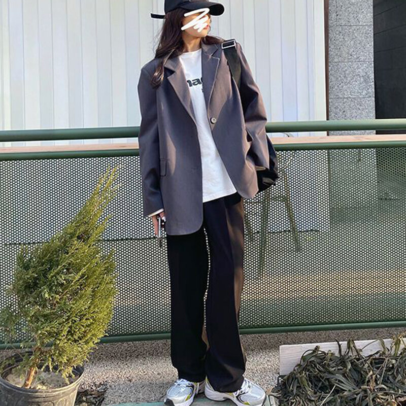 Женский блейзер с длинным рукавом Lcuyever, свободный однобортный пиджак серого цвета в Корейском стиле, весна-осень