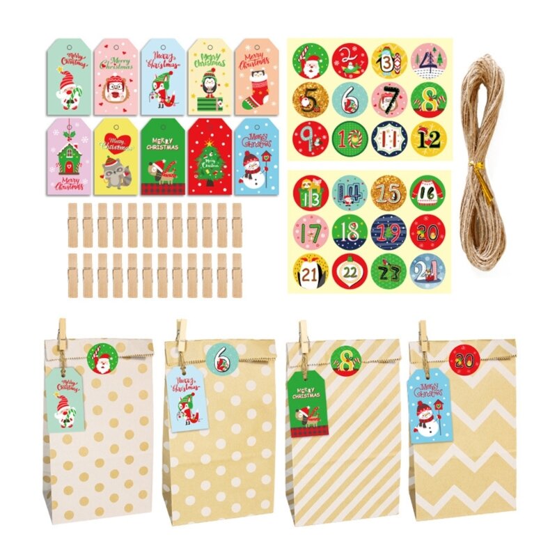 24 Pcs Christmas Gift Bags Set Christmas Party Treat Bags Candy Bag Set Including Sticker Labels, Gift Wrap Tags & Rope Dropship