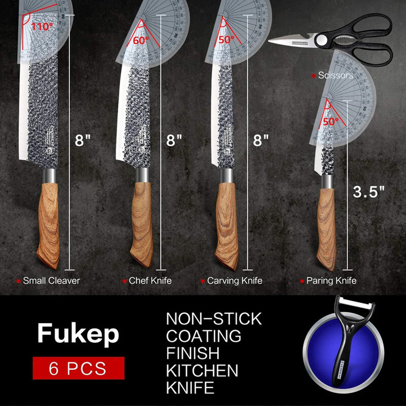 Aço inoxidável Kitchen Knives Set, Hammer Pattern, Slicing Chef, Meat Cleaver, Sharp Fruit Knife, Tesoura Vegetal, 6pcs