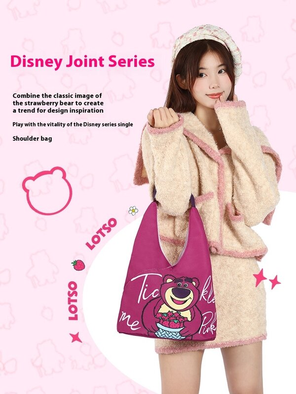 Disney-bolso de hombro con diseño de oso de fresa para mujer, bandolera de lona con diseño de oso de fresa, diseño de dibujos animados, 2024