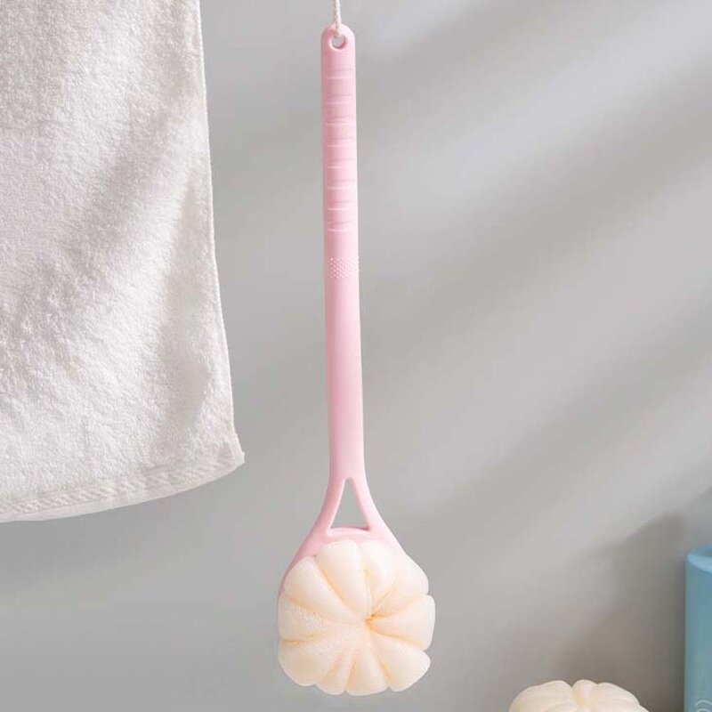 แปรงอาบน้ำด้ามยาว Alat penggosok Badan สำหรับผิวอาบน้ำขัดผิวอุปกรณ์ทำความสะอาดสีชมพูแปรงอาบน้ำยาวไนลอนที่นวดผิวโค้งงอ