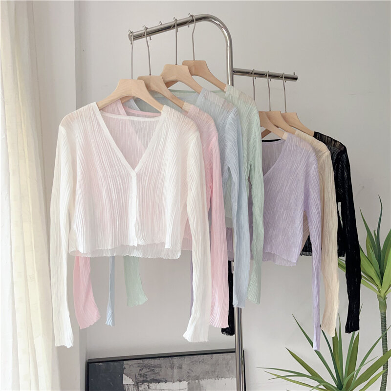 2024 Summer New Thin Bamboo Hemp Knitted Cardigan Short Air Conditioned Shirt Sunscreen Transparent Top