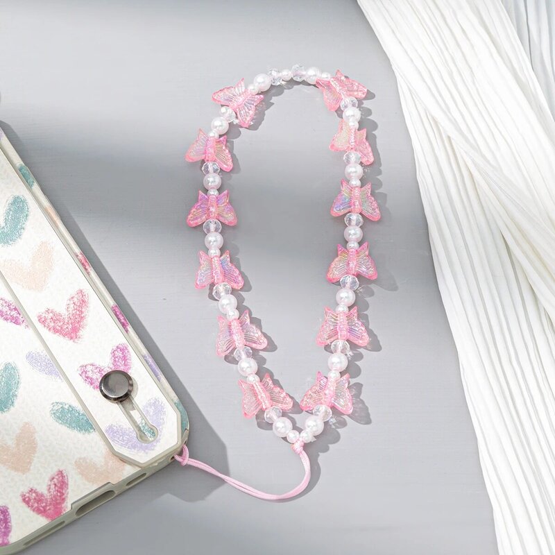 Tali Lanyard Ponsel Manik-manik Mutiara Akrilik Kupu-kupu Mode Berkilau untuk Wanita Manis Anak Perempuan Perhiasan Rantai Ponsel Antijatuh