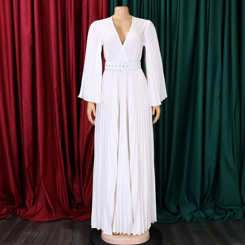 Vestido feminino plissado com gola V, manga de cintura, comprimento do chão, robe elegante para jantar, luxo