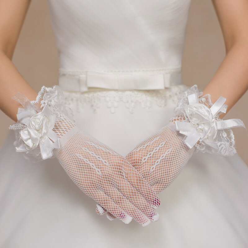 Свадебные Короткие церемониальные перчатки с красно-белыми сетчатыми цветами