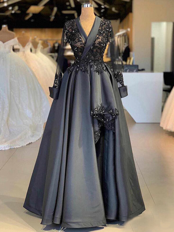 Dark Grey Luxury V Neck Lace Evening Dress Vintage Sheer Long Sleeve Satin Formal Evening Dress Arabic Plus Size Party Pageant P