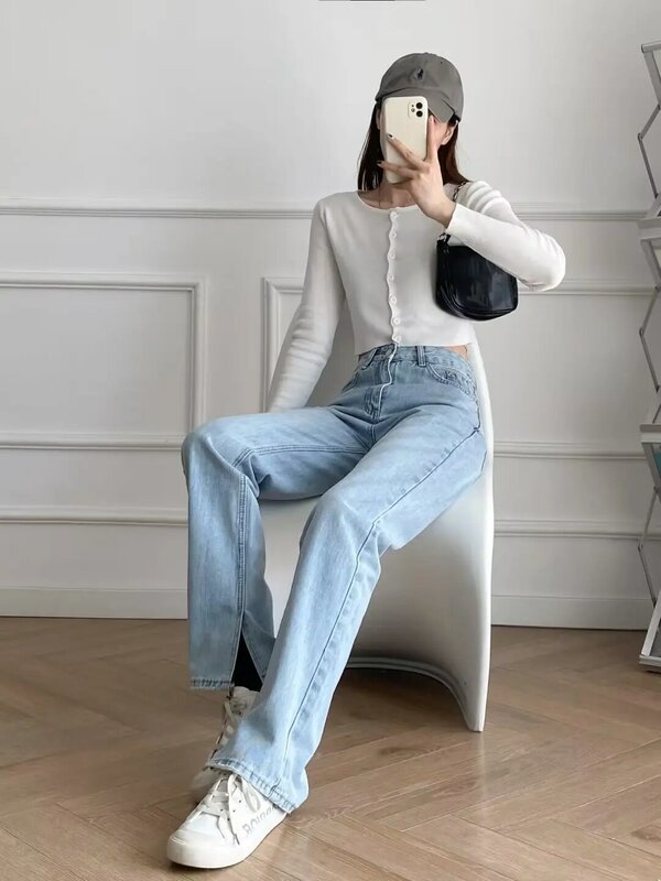 Jeans vintage de cintura alta feminina com bolsos laterais, calça reta fina, calça jeans feminina, design chique, bainhas divididas, nova moda