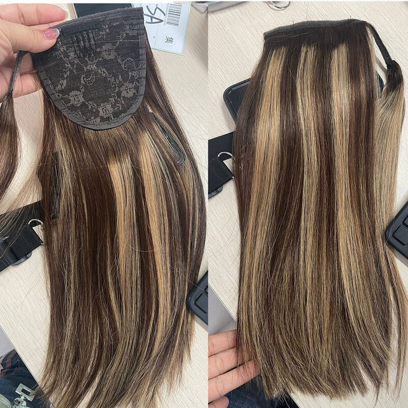 Spring Sale Thick End Clip in Ponytail Natural Remy Human Hair Extensions Chocolate Brown Blonde Highlight P4/27 Wrap Pony Style