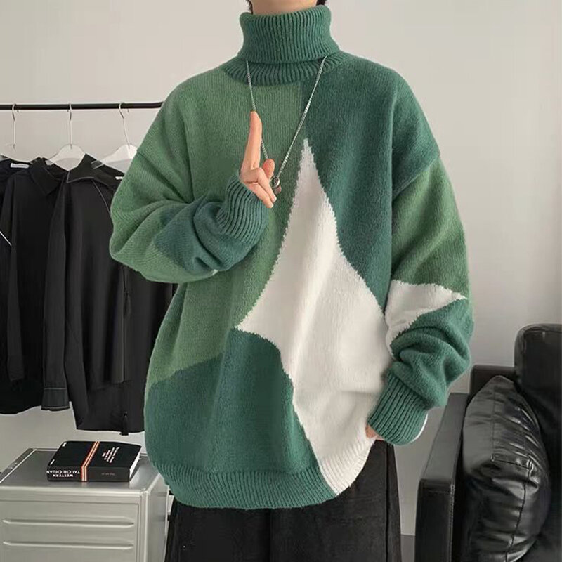 Winter Turtleneck Sweater Men Long Sleeve Spliced Hit Color Thickened Keep Warm Fashion Harajuku Oversized Pullover Clothing Top
