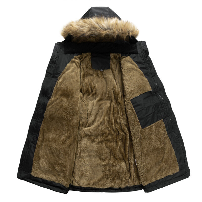New Men's Winter Warm Fleece Parkas Male Windproof Thick Hooded Fur Collar Parka Jackets Solid Fashion Casual Outwear Coats