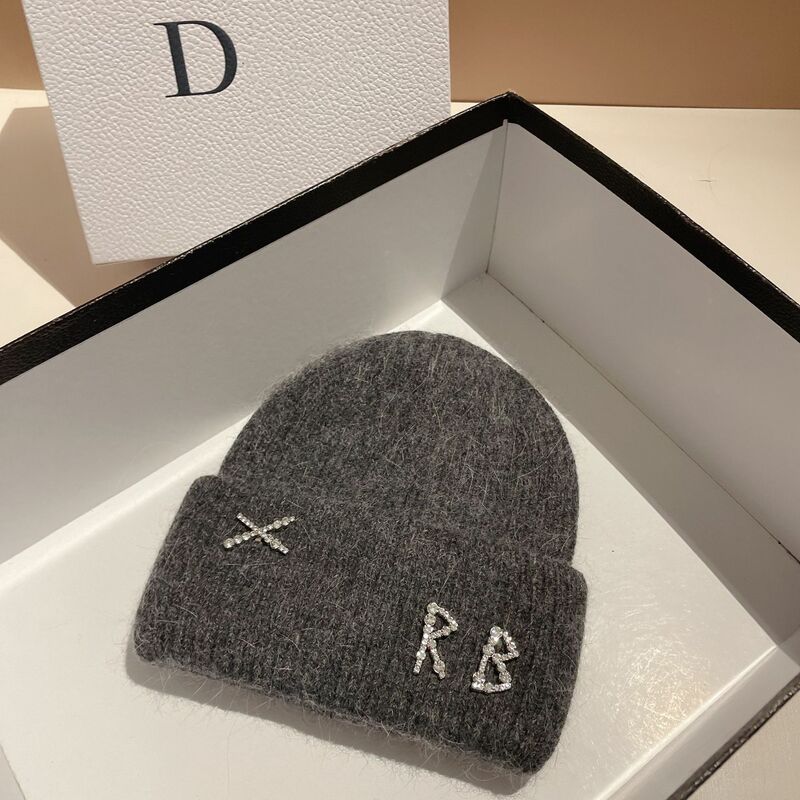 Real Rabbit Fur Diamonds Letter Beanies Hats For Women Winter Warm Knitted Hat Famous Brand Lady Casual Bonnet Skiing Cap