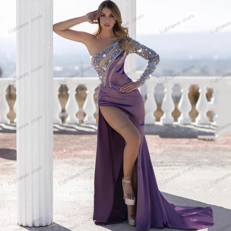 Seksowne suknie wieczorowe wysokie rozcięcie bez pleców sukienka na studniówkę jedno ramię szaty na formalne przyjęcie pełne wdzięku sukienka fioletowy Vestidos De Gala