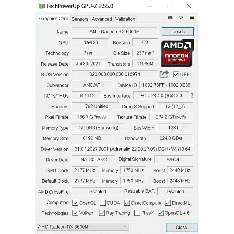 SOYO AMD RX 6600M 8GB 그래픽 카드, GDDR6 128 비트 PCI-E 4.0 × 8 8 8 핀 Radeon GPU RX6600M 데스크탑 구성 요소, PC 게임용 비디오 카드
