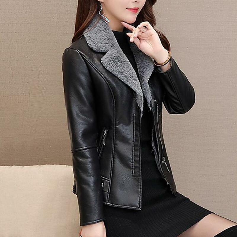Women Jacket Casual Faux Leather Jacket Stylish Faux Leather Women's Jacket with Plush Lining Turn-down Collar Zipper for Slim