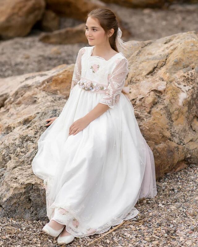 FATAPAESE-Fairy Flower Girl Dress para crianças, princesa vestido de renda, fita floral, cinto rosa, casamento da dama de honra, Bridemini, júnior