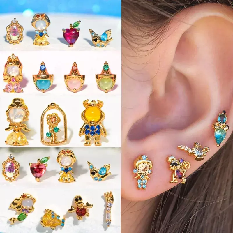 Disney 925 Silver Princess Series Snow White Mermaid Earrings Sweet Fashion Women Metal Jewelry Girls Birthday Gifts 4pcs/Set