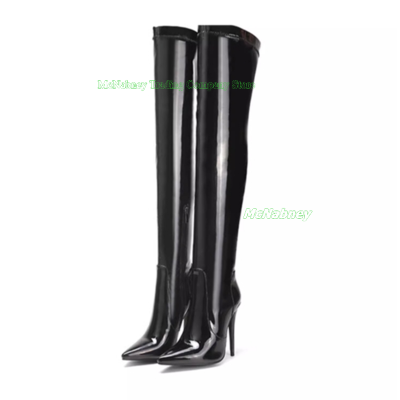 Черные лакированные кожаные сапоги выше колена, осенняя Сексуальная облегающая женская обувь на шпильке с острым носком, новая коллекция 2023