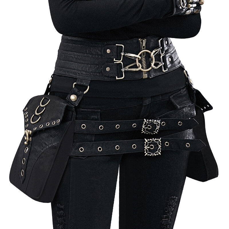 حقيبة يد للنساء من الجلد بتصميم متدرج من Steampunk ، حقيبة خصر بحزام كلاسيكي ، حقائب كتف كروس للدراجات النارية